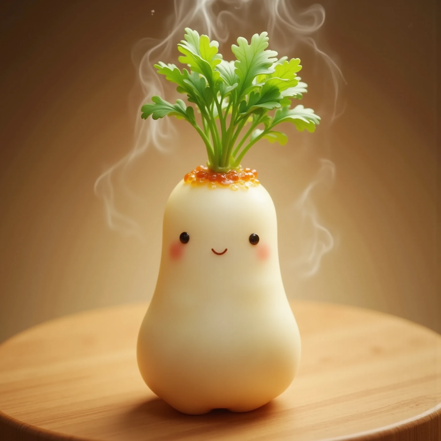 (masterpiece, top quality, very detailed depiction, Incredible Hi-Res,Photographic images),白い大根の形をしたmanju, looks delicious, steam , Green Leaves ,manju,It looks warm