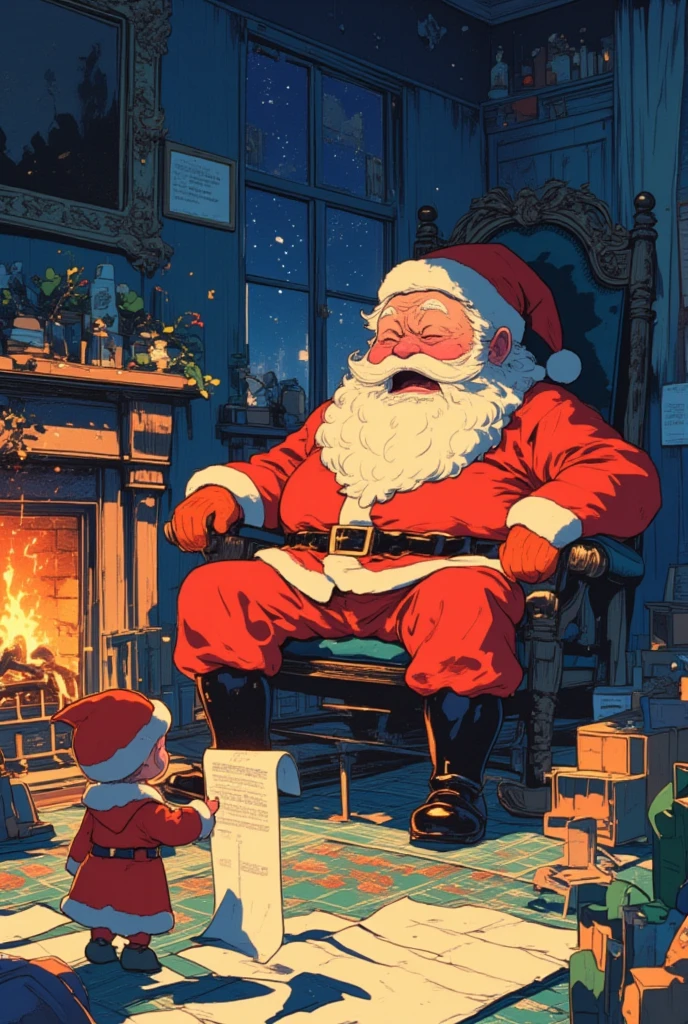 a manga illustration image of a giant Santa Claus wearing a small glasses, trying to cover his mouth while yawning on his rocking chair. It is inside his cozy house at night, Santa is sitting beside a fireplace. A cute chibi elf is reporting to Santa Claus, holding a very long scroll in his hands that flows across the floor like a wave. The camera is shot in a low angle to capture the size difference between a tiny elf and the gigantic Santa Claus.