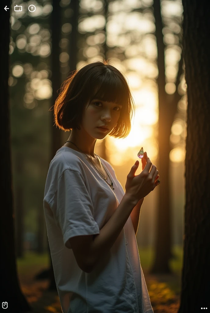 Midea_ pose, dynamic_ pose, dramatic_thunder, Alone,  watching viewers,  short hair,  brown hair on one woman,  1 girl ,  holding , gem,  white shirt,  upper body,   Female Focus ,  necklace, shadow.  short ,  brown hair on one woman stands in a quiet forest as the sun rises.  where the sun rises, quiet, no one else is at the intersection of Shibuya in Tokyo、Tall Tree々and soft light is her  .