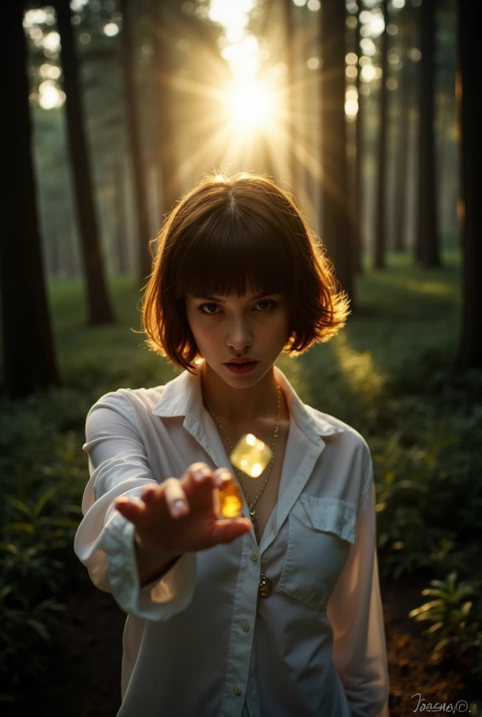 Midea_ pose, dynamic_ pose, dramatic_thunder, Alone,  watching viewers,  short hair,  brown hair on one woman,  1 girl ,  holding , gem,  white shirt,  upper body,   Female Focus ,  necklace, shadow.  short ,  brown hair on one woman stands in a quiet forest as the sun rises.  where the sun rises, quiet, no one else is at the intersection of Shibuya in Tokyo、Tall Tree々and soft light is her  .