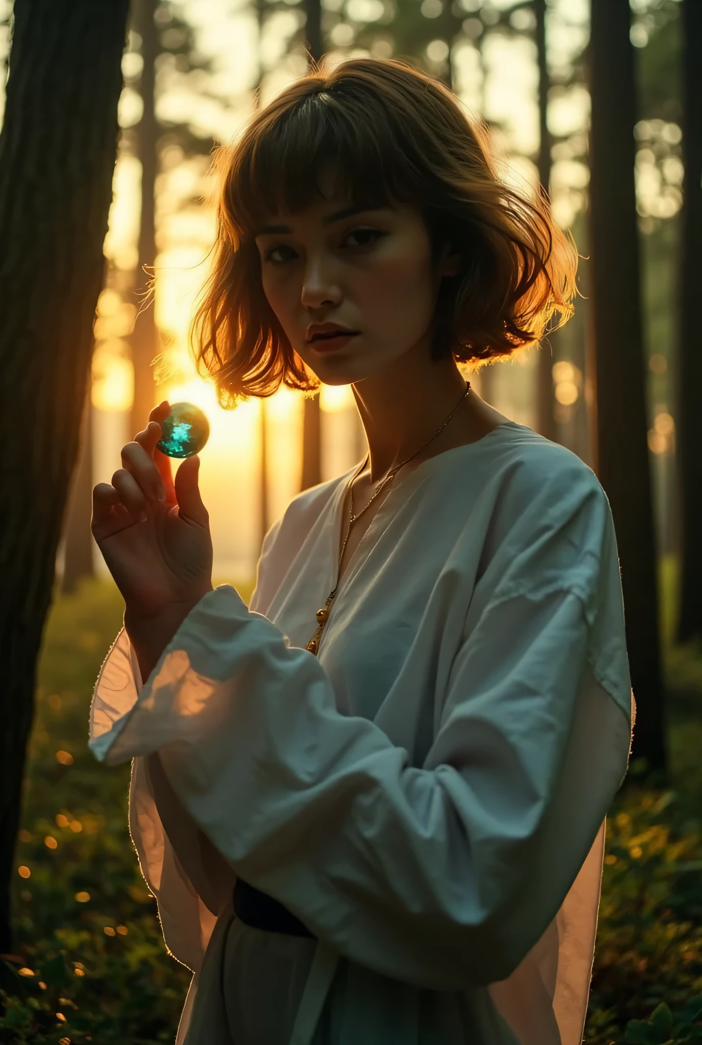 Midea_ pose, dynamic_ pose, dramatic_thunder, Alone,  watching viewers,  short hair,  brown hair on one woman,  1 girl ,  holding , gem,  white shirt,  upper body,   Female Focus ,  necklace, shadow.  short ,  brown hair on one woman stands in a quiet forest as the sun rises.  where the sun rises, quiet, no one else is at the intersection of Shibuya in Tokyo、Tall Tree々and soft light is her  .