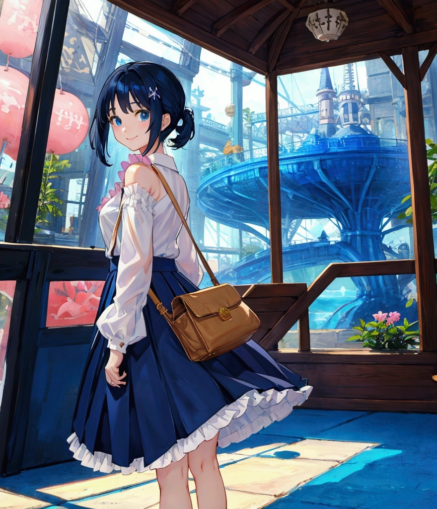 il painting, Like a game cover、background（aquarium、amusement park、people々There is、Date Scene、blue and black contrast）、 pose（ looking back）、 character（Tree Eyes,Sparkling blue eyes、smile）、Hairstyle（ medium hair,  black and blue hair）、clothing（ white shirt with navy blue ruffle skirt）、item（pink shoulder bag ）、scene（whole body）