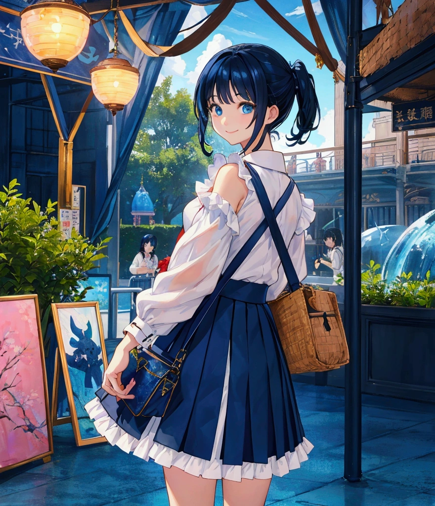 il painting, Like a game cover、background（aquarium、amusement park、people々There is、Date Scene、blue and black contrast）、 pose（ looking back）、 character（Tree Eyes,Sparkling blue eyes、smile）、Hairstyle（ medium hair,  black and blue hair）、clothing（ white shirt with navy blue ruffle skirt）、item（pink shoulder bag ）、scene（whole body）