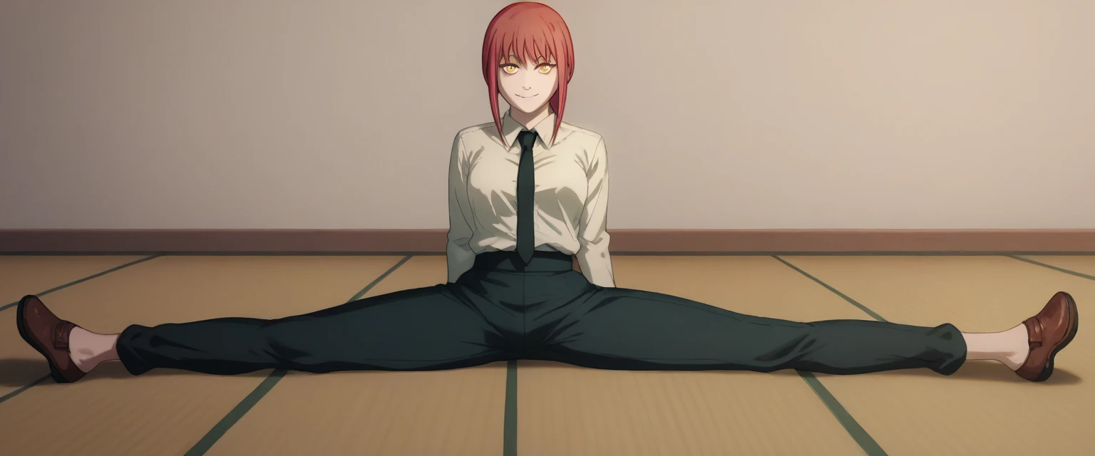 makima, braided ponytail, ringed eyes, collared shirt, black necktie, black pants, smile, One girl, Sitting, On the floor, Split Horizon, stretch, horizontal splits, stretch regs, hands on floor