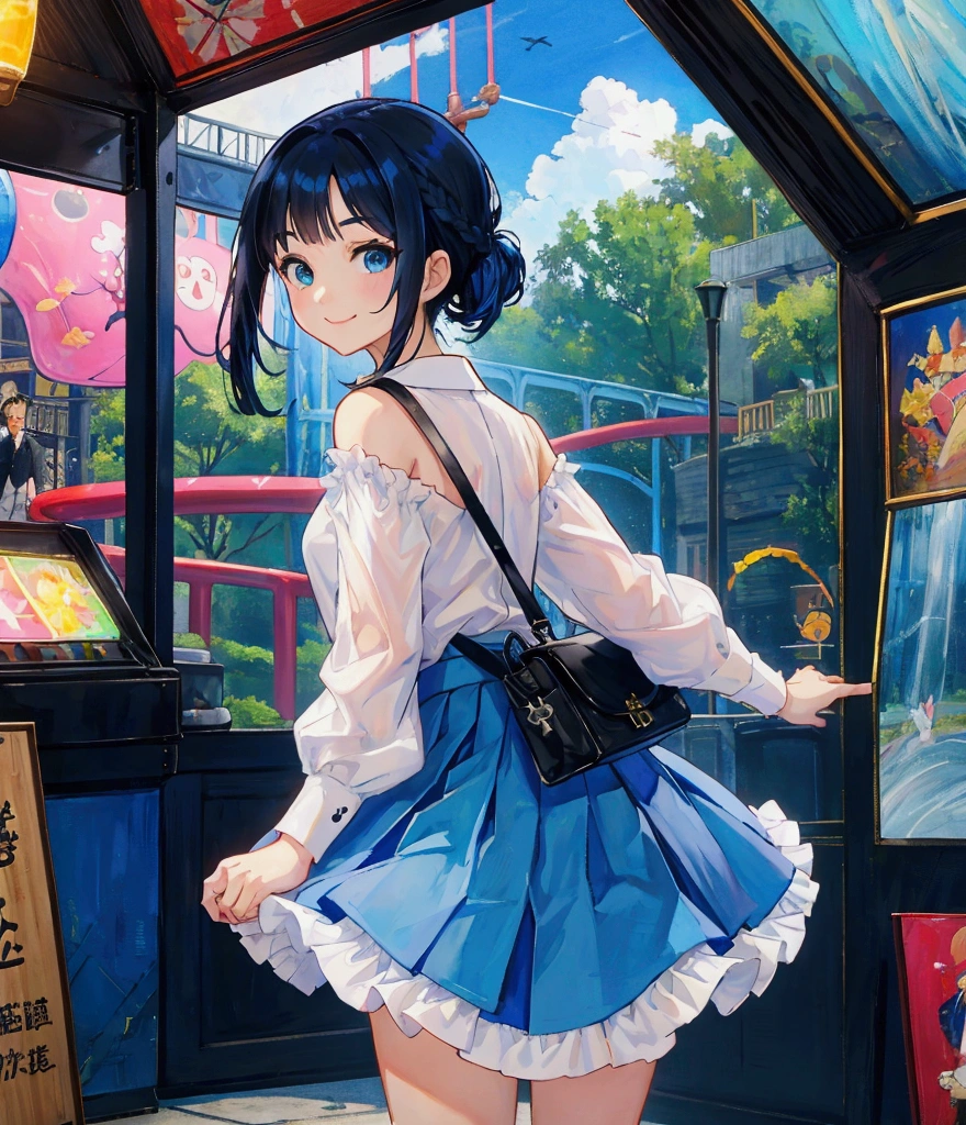 oil painting, Like a game cover、background（aquarium、amusement park、people々There is、Date Scene、blue and black contrast）、 pose（ looking back）、 character（Tree Eyes,Sparkling blue eyes、smile）、Hairstyle（ medium hair,  black and blue hair）、clothing（  white shirt and light blue ruffle skirt）、item（pink shoulder bag ）、scene（whole body）