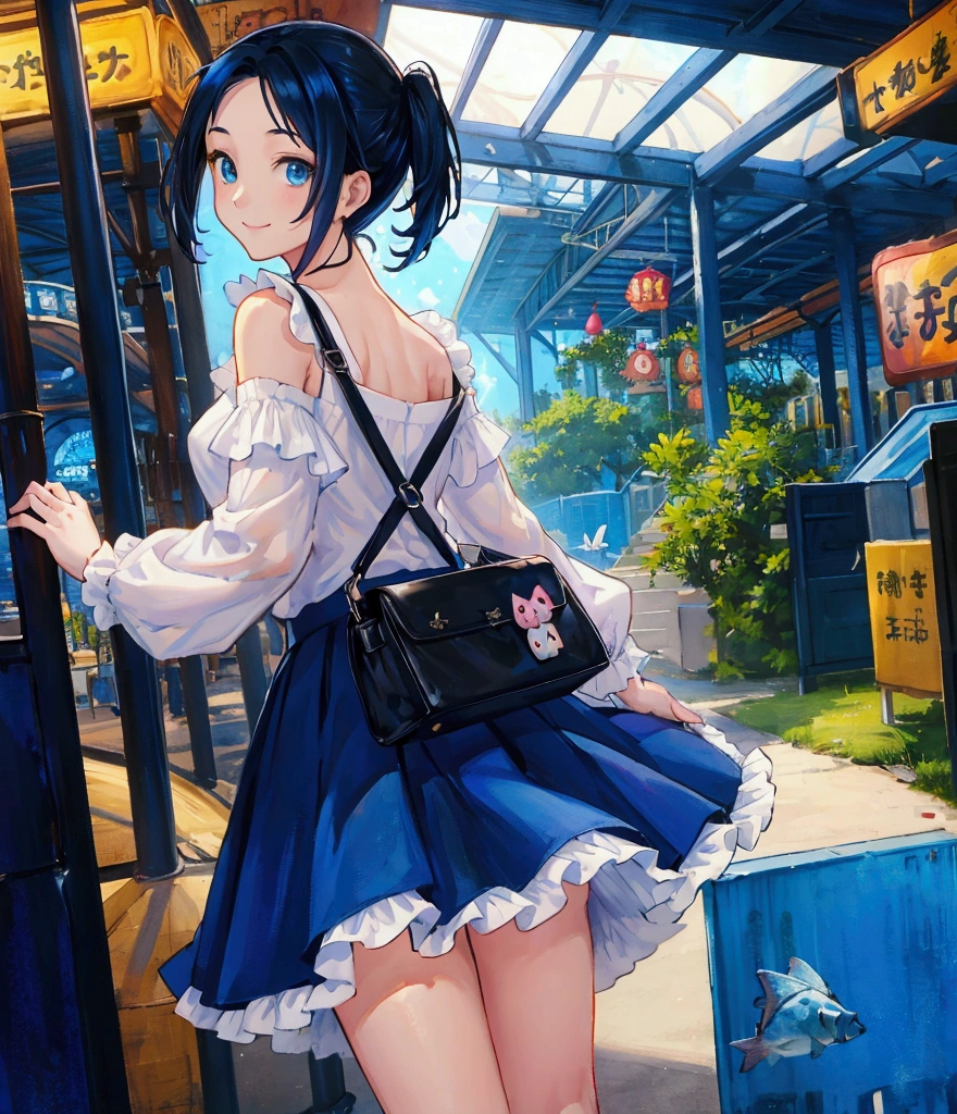 oil painting, Like a game cover、background（aquarium、amusement park、people々There is、Date Scene、blue and black contrast）、 pose（ looking back）、 character（Tree Eyes,Sparkling blue eyes、smile）、Hairstyle（ medium hair,  black and blue hair）、clothing（  white shirt and light blue ruffle skirt）、item（pink shoulder bag ）、scene（whole body）