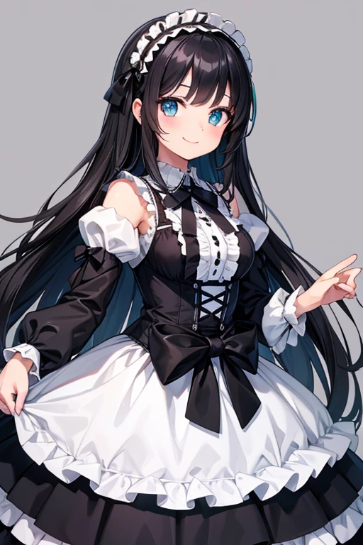  One Beautiful Girl 　Shows up to the waist　 long black hair　Turquoise eyes　A cheerful smile　solid white gothic lolita clothes