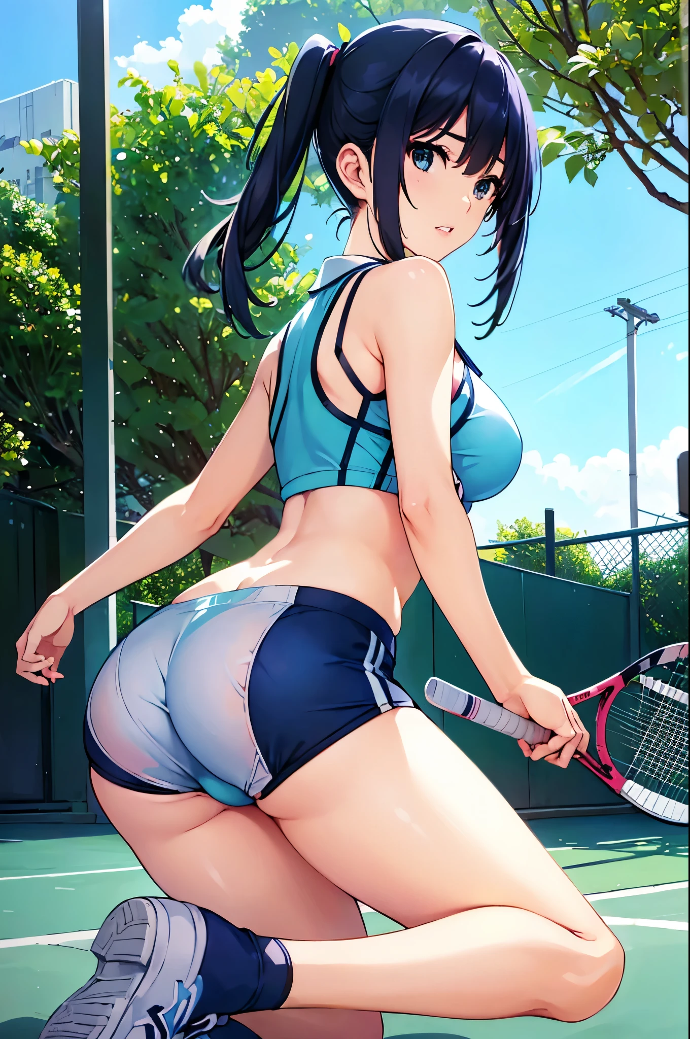 (( woman、Older sister、Tree Eyes、 Layered Cut 、 Athletics Uniforms、 Dark Blue Hair 、bunched hairstyle、 navy blue high leg bikini pants、High leg bloomers、 white tank top、 cool women、Big Breasts、 cleavage、 Seductive Thighs、 big butt、 adult woman、 tennis court in white、Groin、thong))、belly button、 glamorous body 、Extremely sexy、 standing with different breasts 、 beautiful long legs、 shy 、gritting teeth、 sneakers、 put my hand on my butt 