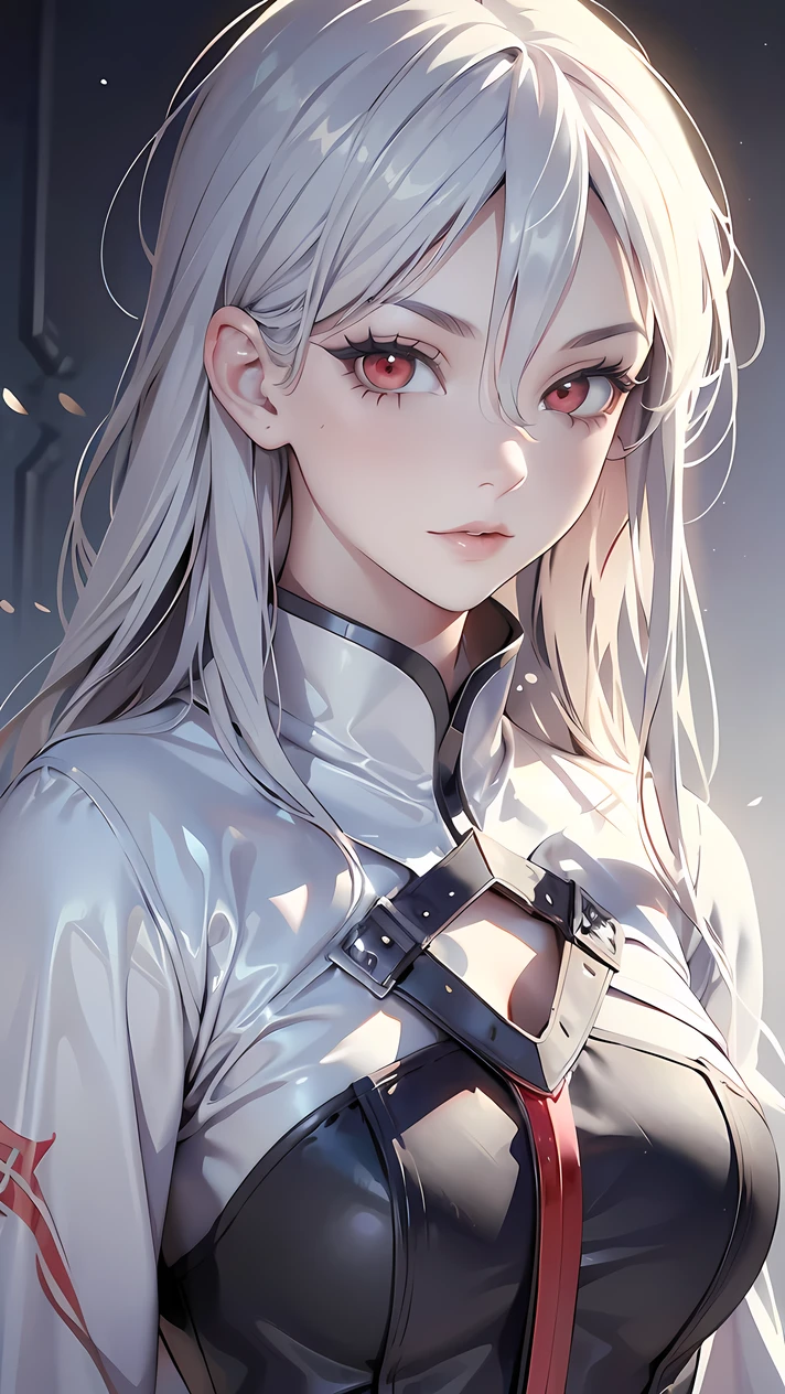 ((best quality)), ((masterpiece)), (detailed), perfect face, Albino warrior, ((long white hair, white skin, red eyes)), black magic sword, (Great sword engraved with red runes), crazy eyes, haggard cheeks, fantasy novel, 25 years old lady, (Elric of Melniboné), the Eternal Champion