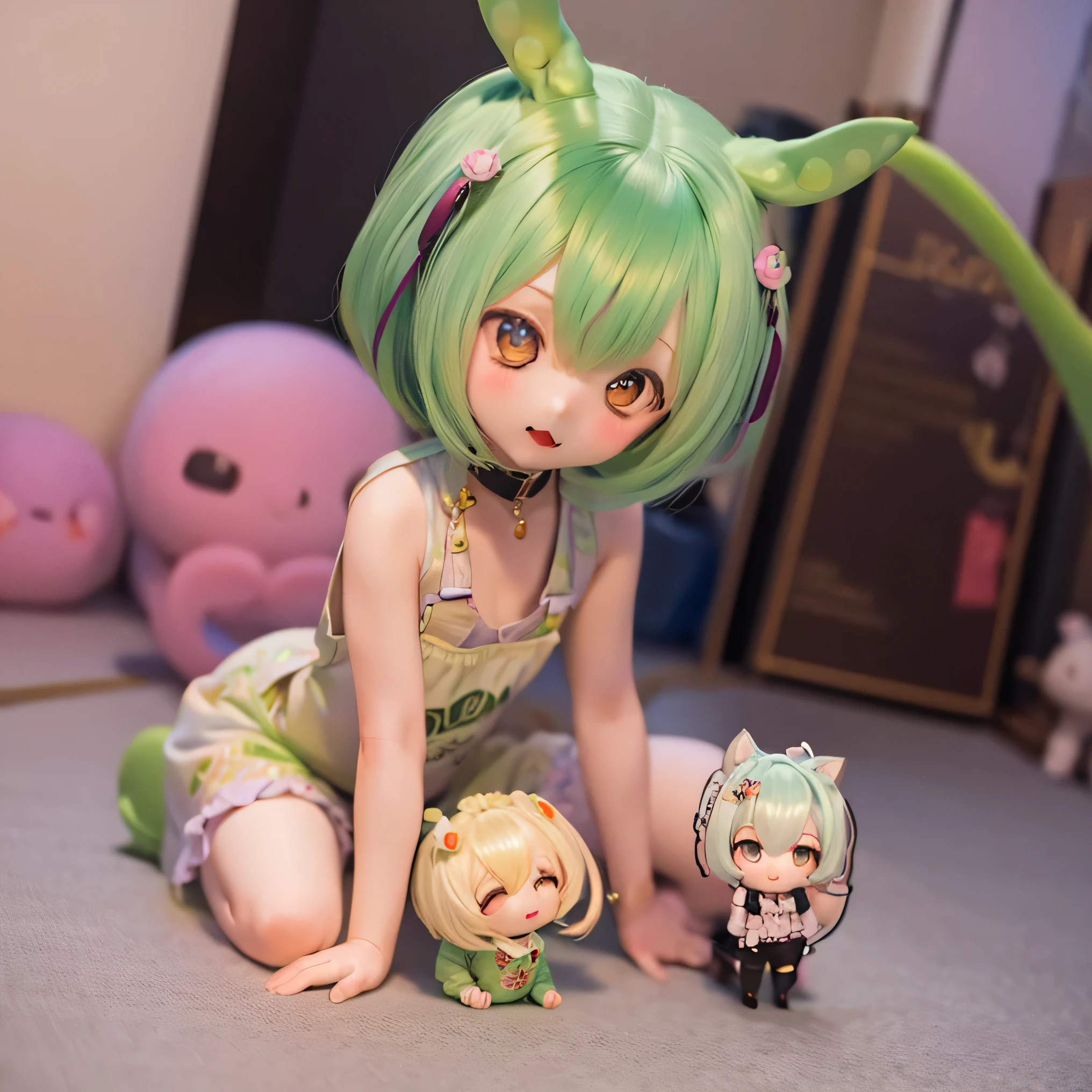       green-haired Zundaman in a cute pose(((((Chibi)))))play、(((Mother and Daughter)))