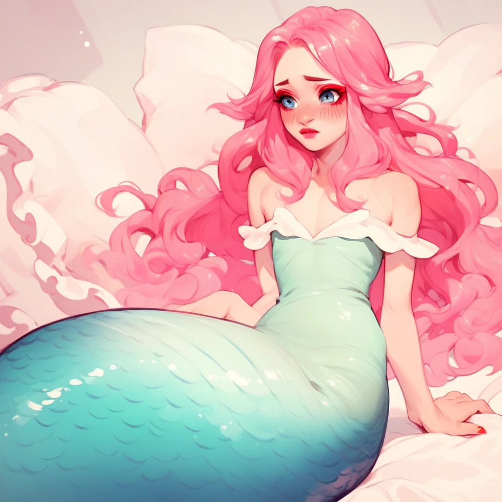 otoko no ko, cute, crossdressing, long hair, pink hair, blue eyes, red blush, red eyeshadow, pink lips, pale skin, bedroom, mermaid dress, slik dress, 