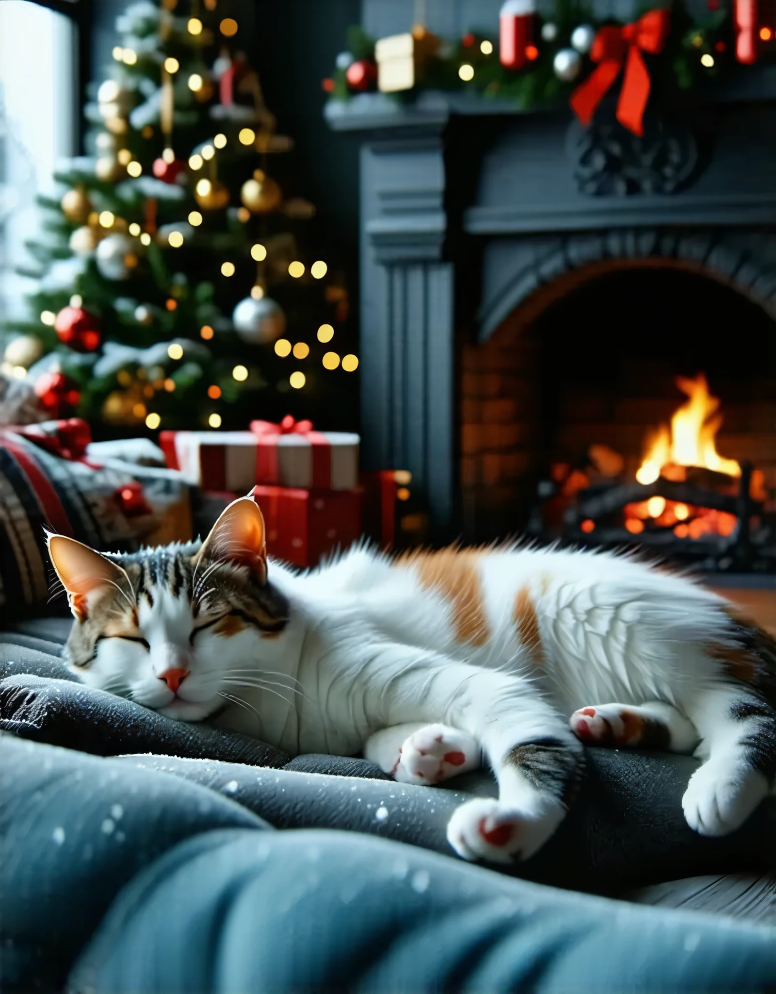 (8k, top quality, Masterpiece , Final Fantasy Style: 1.2),Atmospheric perspective, 8K, Very detailed, A living room decorated for Christmas, our calico cat sleeping peacefully in front of a large fireplace, a warm atmosphere, peace,