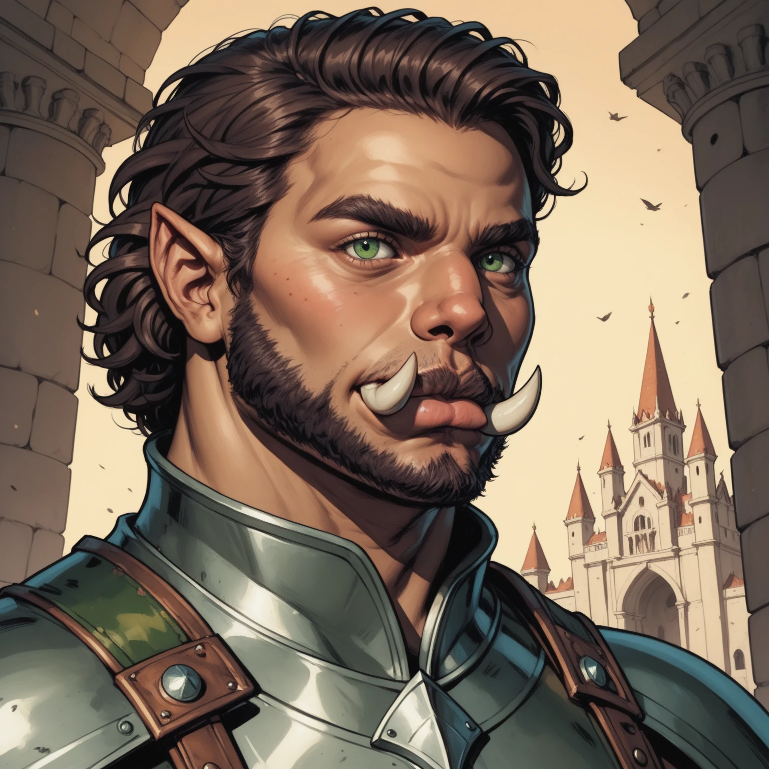 Portrait of a (half-orc (male) warrior), front view, (medium shot:1.3), one person standing, stooped build, tall and muscular build, long messy dark brown hair and beard, thick bushy eyebrows
BREAK
green eyes
BREAK
olive brown skin, pointed ears, (huge hyper-masculine lower jaw:1.5), (2 large lower canines pointed upwards similar to a boar’s tusks:1.2), (Dungeons and Dragons orcish features:1.1)
BREAK
wearing fantasy world costume of green and brown clothing under (chainmail armor) with a metal breastplate, realistic background of a fantasy world, (Dungeons_and_Dragons:1.2), (Game_of_Thrones), castle stone ruin, far torch lit on background, realistic, (photorealistic:1.3), light reflection