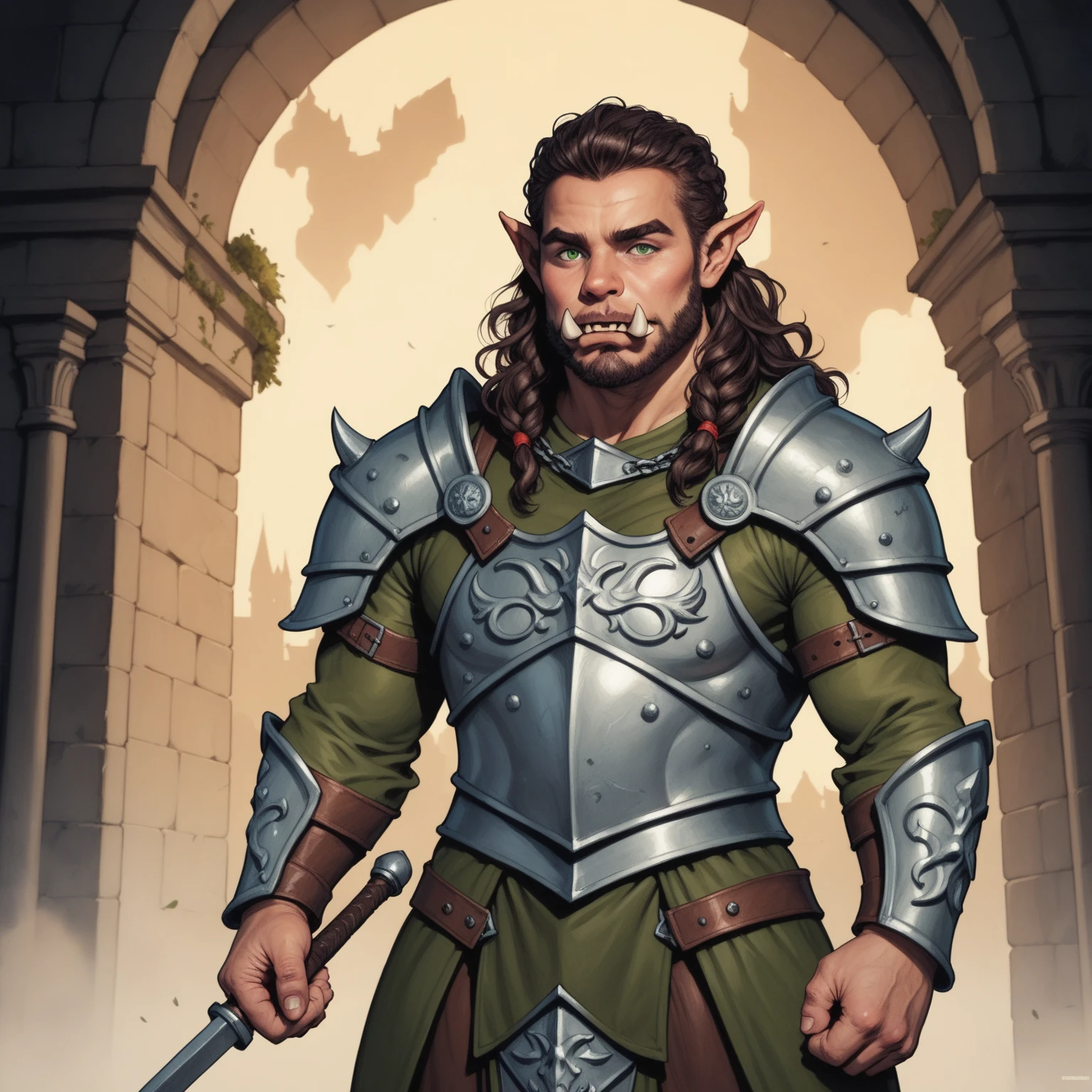 Portrait of a (half-orc (male) warrior), front view, (medium shot:1.3), one person standing, stooped build, tall and muscular build, long messy dark brown hair and beard, thick bushy eyebrows
BREAK
green eyes
BREAK
olive brown skin, pointed ears, (huge hyper-masculine lower jaw:1.5), (2 large lower canines pointed upwards similar to a boar’s tusks:1.2), (Dungeons and Dragons orcish features:1.1)
BREAK
wearing fantasy world costume of green and brown clothing under (chainmail armor) with a metal breastplate, realistic background of a fantasy world, (Dungeons_and_Dragons:1.2), (Game_of_Thrones), castle stone ruin, far torch lit on background, realistic, (photorealistic:1.3), light reflection