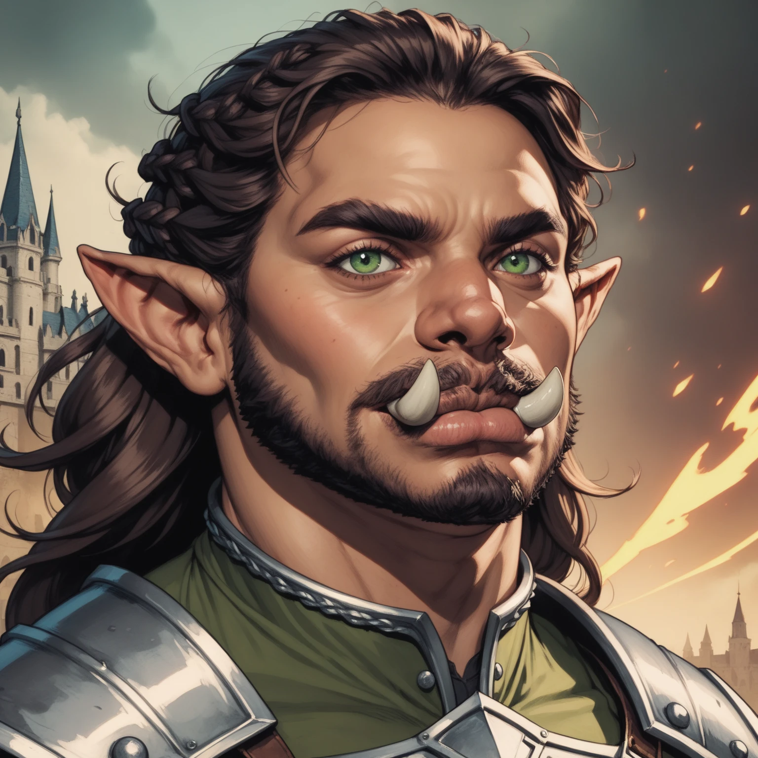 Portrait of a (half-orc (male) warrior), front view, (medium shot:1.3), one person standing, stooped build, tall and muscular build, long messy dark brown hair and beard, thick bushy eyebrows
BREAK
green eyes
BREAK
olive brown skin, pointed ears, (huge hyper-masculine lower jaw:1.5), (2 large lower canines pointed upwards similar to a boar’s tusks:1.2), (Dungeons and Dragons orcish features:1.1)
BREAK
wearing fantasy world costume of green and brown clothing under (chainmail armor) with a metal breastplate, realistic background of a fantasy world, (Dungeons_and_Dragons:1.2), (Game_of_Thrones), castle stone ruin, far torch lit on background, realistic, (photorealistic:1.3), light reflection