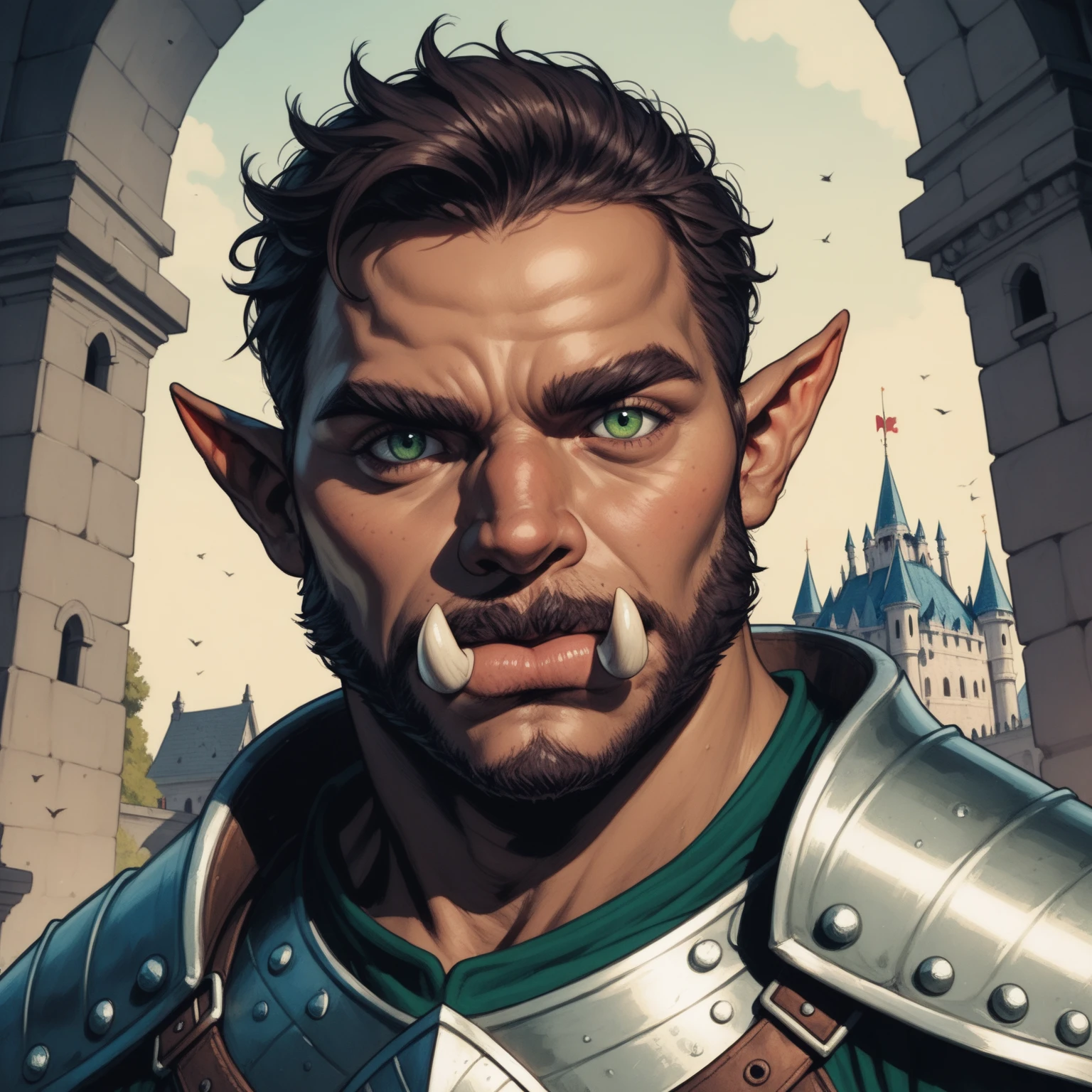 Portrait of a (half-orc (male) warrior), front view, (medium shot:1.3), one person standing, stooped build, tall and muscular build, long messy dark brown hair and beard, thick bushy eyebrows
BREAK
green eyes
BREAK
olive brown skin, pointed ears, (huge hyper-masculine lower jaw:1.5), (2 large lower canines pointed upwards similar to a boar’s tusks:1.2), (Dungeons and Dragons orcish features:1.1)
BREAK
wearing fantasy world costume of green and brown clothing under (chainmail armor) with a metal breastplate, realistic background of a fantasy world, (Dungeons_and_Dragons:1.2), (Game_of_Thrones), castle stone ruin, far torch lit on background, realistic, (photorealistic:1.3), light reflection