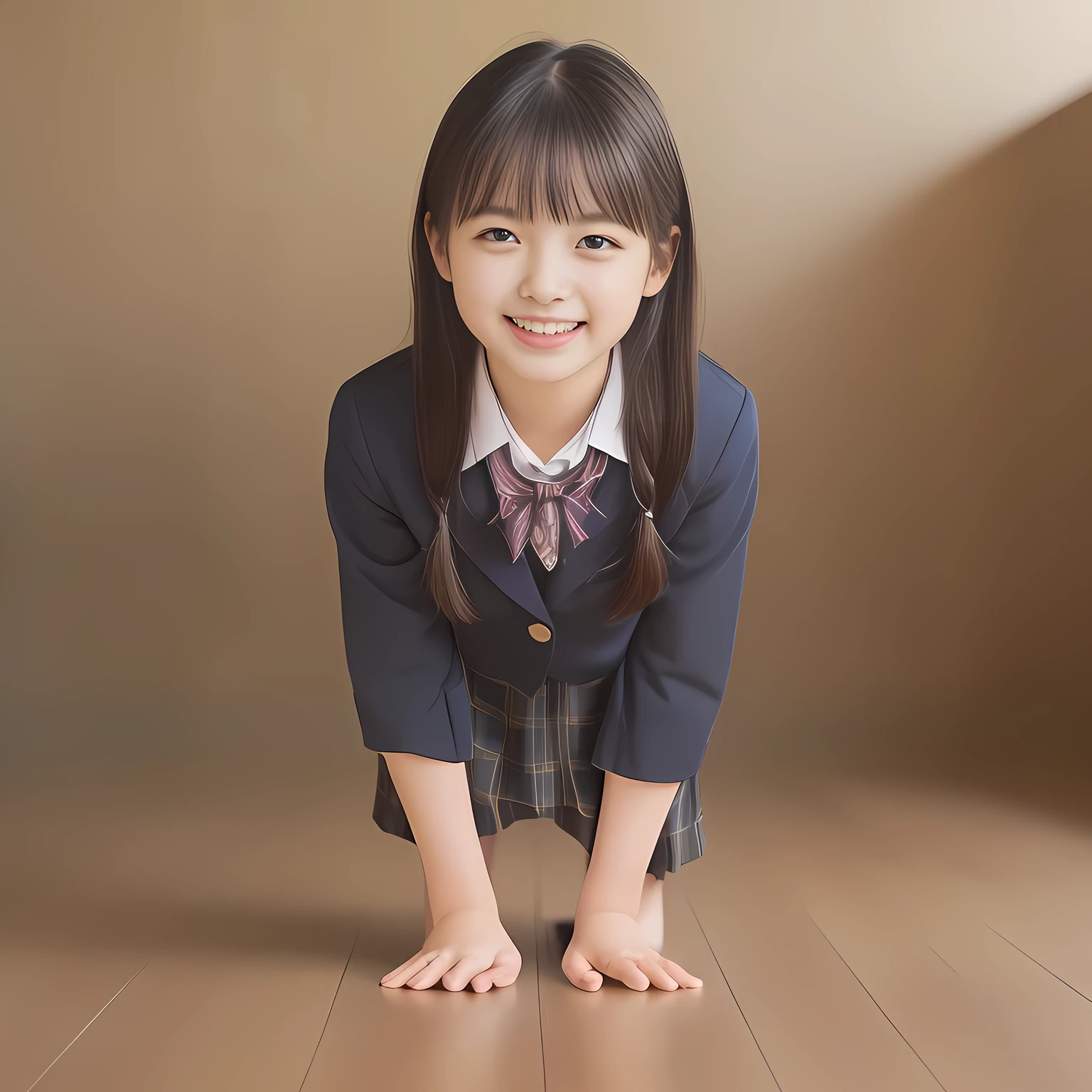 (Highest quality, masterpiece:1.2), Highest quality, High resolution, 1080P, 8k, clearly detailed, low-angle shot, height: 170cm, (Some 14yo idol girls are inviting, bending down deeply at waist, and looking down at the floor, bending down deeply at her waist, their shining eyes are looking down at the viewer directly, Girls faces are looking down and coming close to the viewer, Low-angle-skirt-close-shot from below the girls' knees, ((skirt close shot)), only high altar of succubus in school underground background: 2.0) (Nobly bowing super-pretty shining-long-hair super-beautiful super-bewitching super-cute expensive school-uniform pretty slender 14yo-fashion-model of most-beautiful-school-uniform-girl-models photo-magazine in Japan, too beautiful aristocratic daughter laughing down at the viewer, in supreme bliss, bowing and accepts the viewer's every desire: 1.8), (long bottom eye-slashes, long top eye-slashes), (very bewitching beautiful full-open lips: 1.4), (neat gorgeous school uniform of private high school in Japan. navy-school-blazer with gold-emblem, super-neat navy-blue-lined-tartan-checkered light-sky-blue-pleats-school-skirt, super-girly plain-red ribbon on the breast: 1.5), (bewitching expression, smile, lips, and pose to corrupt the viewer, everything is planned and prepared to corrupt the viewer into the allusion of love towards the girl: 1.2), (clearly detailed foreground focusing on girl's beauty and cuteness, gorgeous blue girly bed background of full-of-girls girly-heaven: 1.2), (some girls are putting her beautiful both hands and fingers on the viewer to tear off the viewer's cloths lustily and forcibly, which may also open the viewer's brain, pouring her girly white ecstasy drool to the viewer: 1.5), (sky-blue school skirt, beautiful legs, loafers: 1.6), (detailed brown eyes: 1.5)