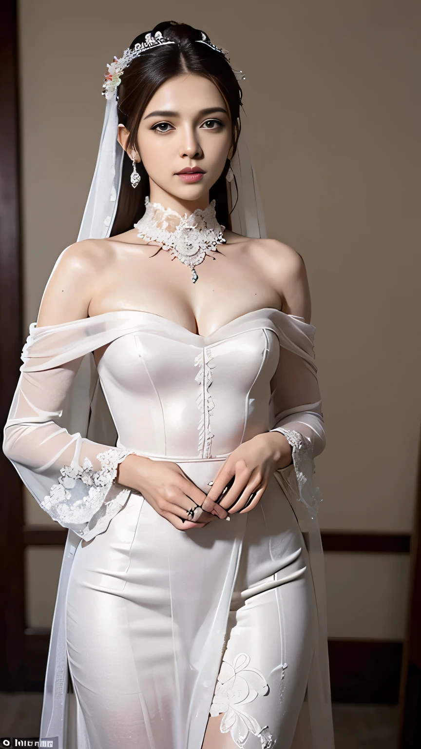 beautiful girl, nipples are visible, Beautiful Asian lady, Hands raised, eyeliner, glitter, diamonds, athletic body, Lush white hair, bang, ponytails, Colorful wavy curls, Shiny hair stands out, eyes are deep and expressive, detailed face, Pale face, a lot of details, slim waist, skirt, lace stockings, open chest, wants sex, wide hips, sleeves with ribbon, veil, impudent, challenges, Passion, aggression, pulse, Many colors, a woman, a queen, queen, luxury, lip gloss, tattoos, clown, whole body