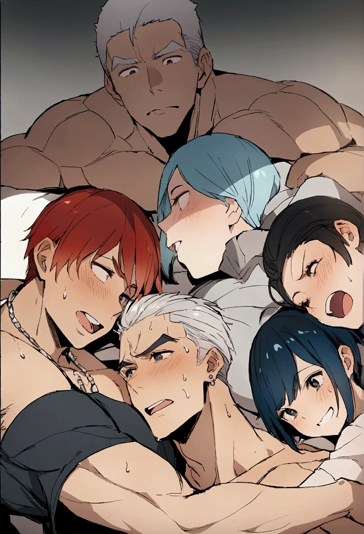  gang bang 、hug from behind 、 grabbing someone else's chest 、3 boys、 gothic 、 higher quality 、 high resolution、 body、 perfect anatomy 、( muscular man:1.3)、(Good:0.2)、s、piercing no mamilo、happy、blue hair、blonde、 black hair、Gray hair、 red hair 、 short hair、Sporty haircut、 short hair、pele morena、(Sweat:1.3)、vapor、In the bed at the inn、to enjoy、broad view