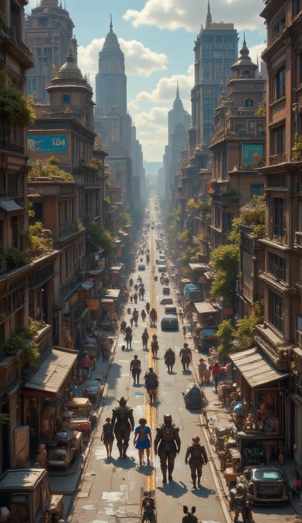 masterpiece, 8k, HDR, 3 D, best quality, photography, analog style, real life, extremely beautiful, (highly detailed, intricately detailed), An anime image without humans seen from above the heart of the vibrant city of Zootopia, One sunny afternoon, As different animals walk together through the bustling streets of Zootopia, going about their daily tasks, proving that even though they are different, they can work together to maintain peace and harmony in their beloved city.