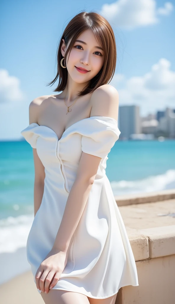 (((Full body photo)))、12Ｋ、ＨＤＲ、  Japanese 、 bit depth 10 bits  、  see-through white dress、 cleavage、( At the Summer Sea ),  (  realistic ) ,   (photo realistic  :1.4), masterpiece,      Very Delicate and Beautiful  ,    very detailed bust,     smile  ((  hair is shaking a lot in the wind))、( light brown hair  )、Women who exude adult sex appeal  、((Blue sea in the background))  、((horizontal line)) 、 クリアホワイトスキン  、   happy face、((( white teeth visible)))、Bare feet are visible、 random hair style 、I can see your ankles、