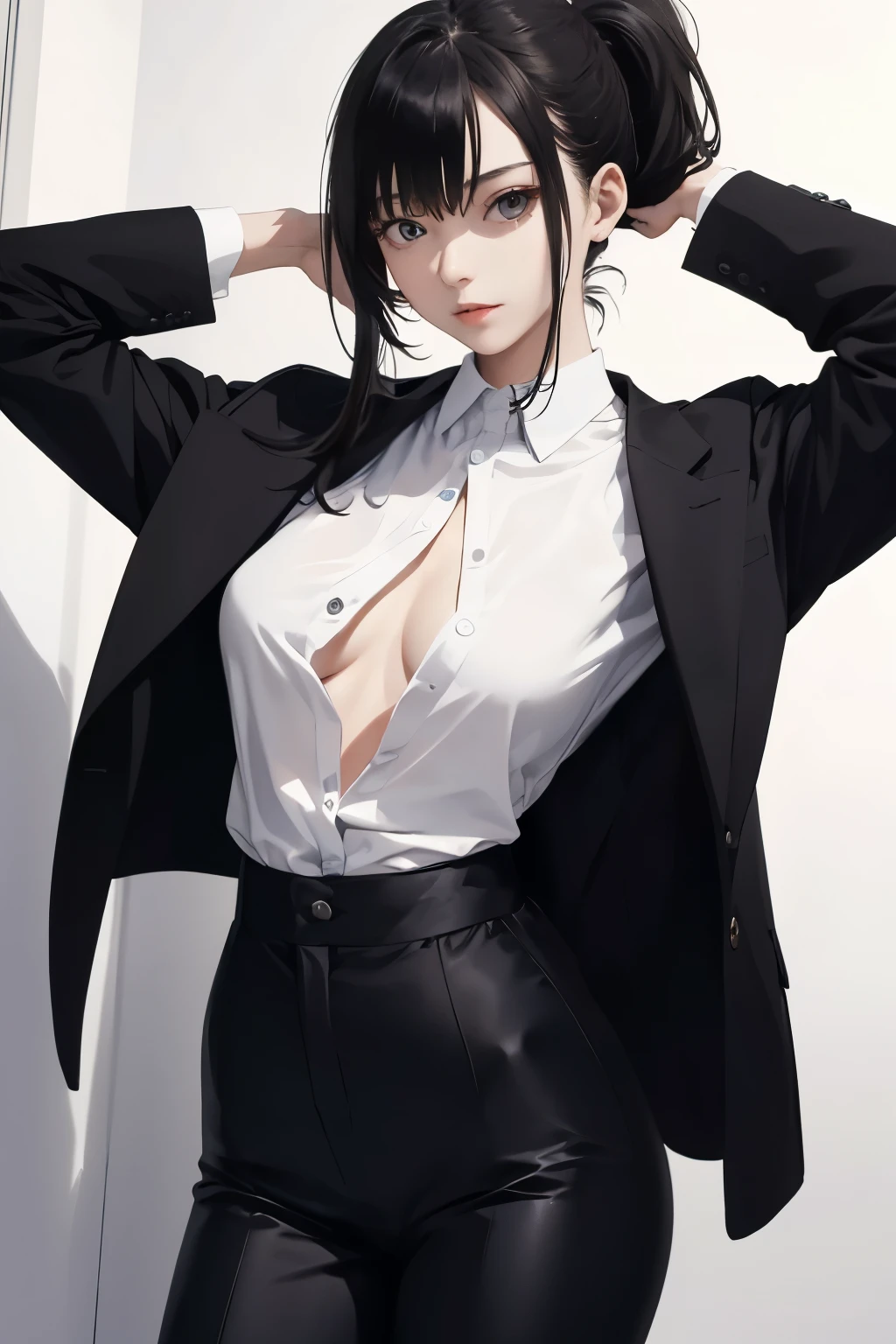 Amazing portrait of a sexy woman with a beautiful face with lots of makeup with smokey eyeliner showcasing her seductive eyes and red lips parted seductively having short black hair in bob style styled with a black Fedora wearing a unbuttoned white shirt tied in the middle showcasing her medium chest with cleavage and her midriff styled with a blue and white tie and denim black short shorts posing seductively