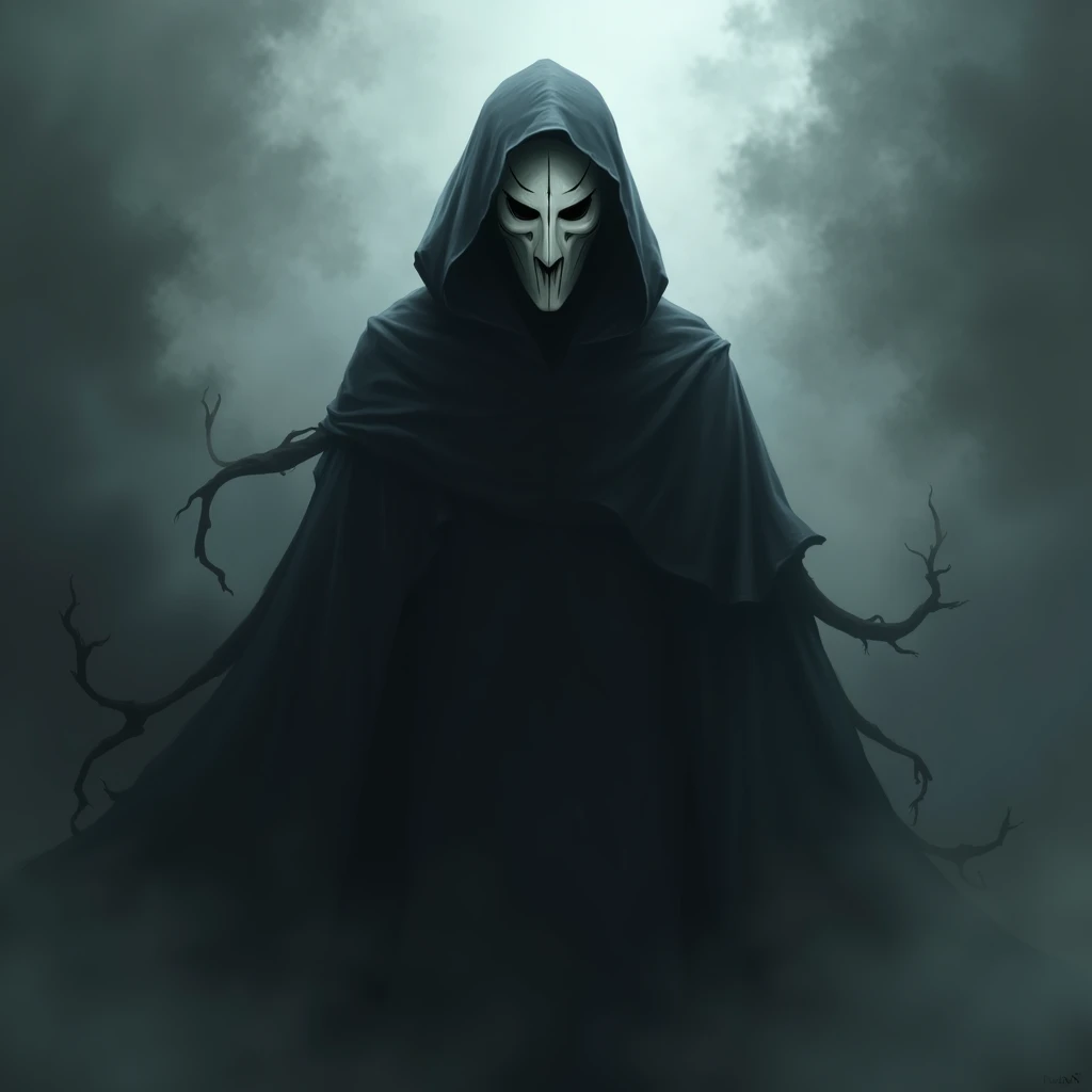 Create an image of the Grim Reaper holding his scythe. The figure should be cloaked in a dark, tattered robe with a large hood that completely obscures his face. The scythe is menacing, with a long, curved blade that gleams in the dim light. The background is dark and misty, adding to the eerie and foreboding atmosphere. The overall mood of the image should be ominous and haunting, capturing the terrifying presence of the Grim Reaper without revealing his face