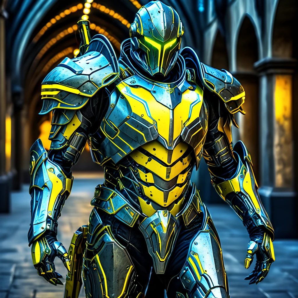 an incredible terrifying warrior, (High, HDR:1.2), medieval armor detailed with yellow neon and cybernetic arm, ((scientific fiction, Futuristic))