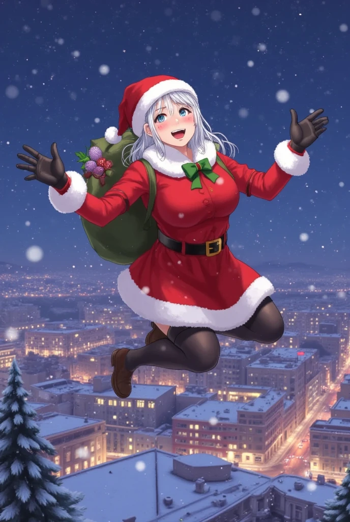 santagirl,Santa Claus, An illustration depicting Santa Claus flying amidst snowflakes in the sky, with a brightly lit city as the background, masterpiece,high quality,extremely detailed,illustrated,