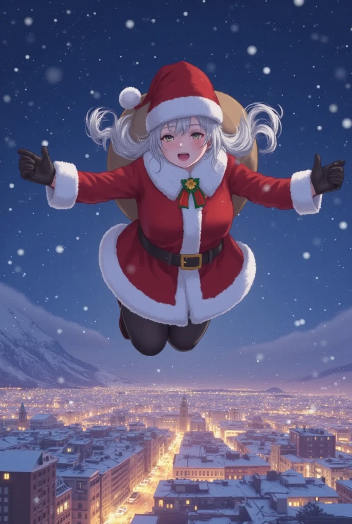 santagirl,Santa Claus, An illustration depicting Santa Claus flying amidst snowflakes in the sky, with a brightly lit city as the background, masterpiece,high quality,extremely detailed,illustrated,