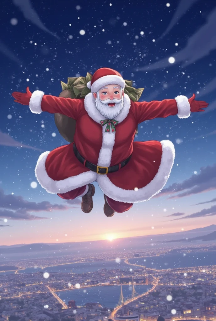 santagirl,Santa Claus, An illustration depicting Santa Claus flying amidst snowflakes in the sky, with a brightly lit city as the background, masterpiece,high quality,extremely detailed,illustrated,