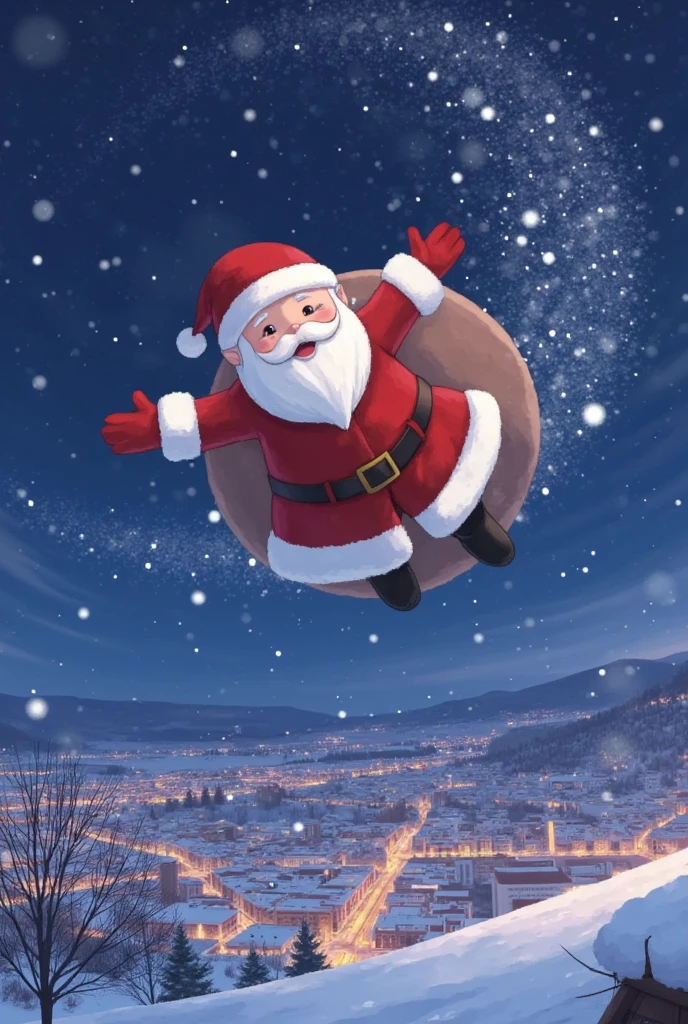 santagirl,Santa Claus, An illustration depicting Santa Claus flying amidst snowflakes in the sky, with a brightly lit city as the background, masterpiece,high quality,extremely detailed,illustrated,