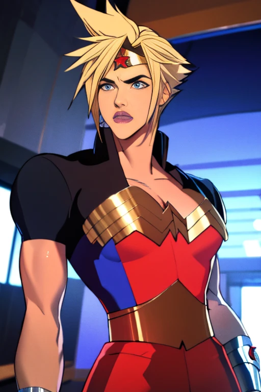 (High resolution CG), (  top quality ), (High resolution CG), (  top quality ), ( Cloud Strife), (Overall view)    Huagai with a cool and handsome face   , Wonder Woman costume beauty with a cool and handsome face , 18 years old,   toned musculature,  Cool and charming  , Sharp Eye