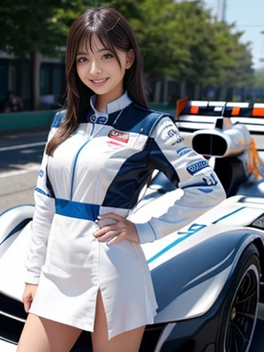 A woman stands next to a Formula 1 car, wearing a white and blue miniskirt costume, with her arms folded behind her back. She looks confident and exudes a glamorous atmosphere. A red Formula 1 car is parked in the background, and you can feel the heat of the circuit. The bright blue sky spread out, and the sun's rays illuminated her. The colors are bright and the atmosphere is lively. The art style is digital painting, with sharp and detailed depictions, ((masterpiece)), ((best quality)), (ultra-detailed), ((beautiful eyes)), Japanese female, (slender:1.2), ((30 years old)), beautiful, (cheerful grin:1.3),