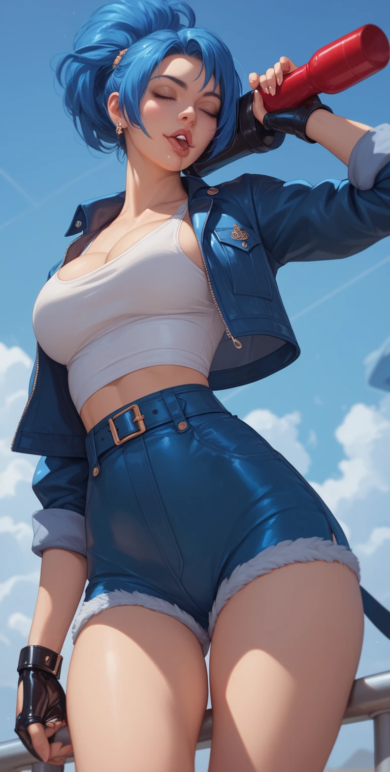 tracer, thighs, full body, white high heels, medium tits, sitting, nude tits, blue jeans, freckles