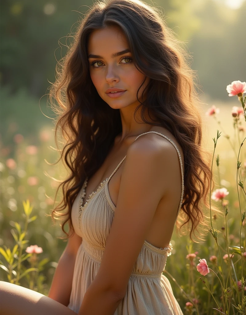 40 year old woman with long, curly chocolate colored hair, copper colored skin, greenish honey colored eyes, long dress