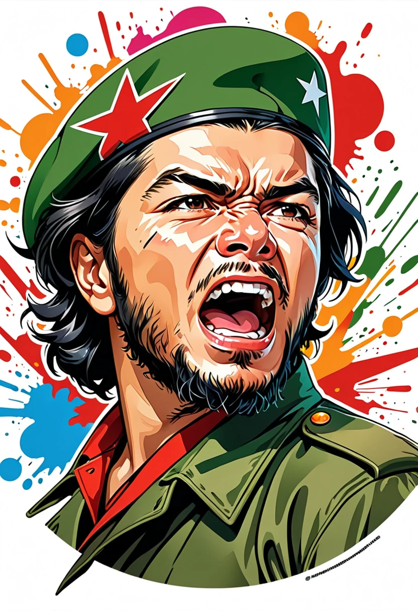 circle shaped sticker, Vector Art, splash art, 40 years old revolutionary Che Guevara, angry shouting fuirous, military outfit wearinf green beret，Color illustrations, In the center, Vibrant colors, High Detail, white background
