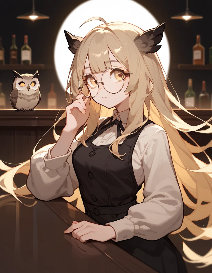 Owl Girl, blonde hair ,Bangs,Bar Girl ,Owl Hair,owl girl ,Wear black round glasses,Long hair,Black hair ends