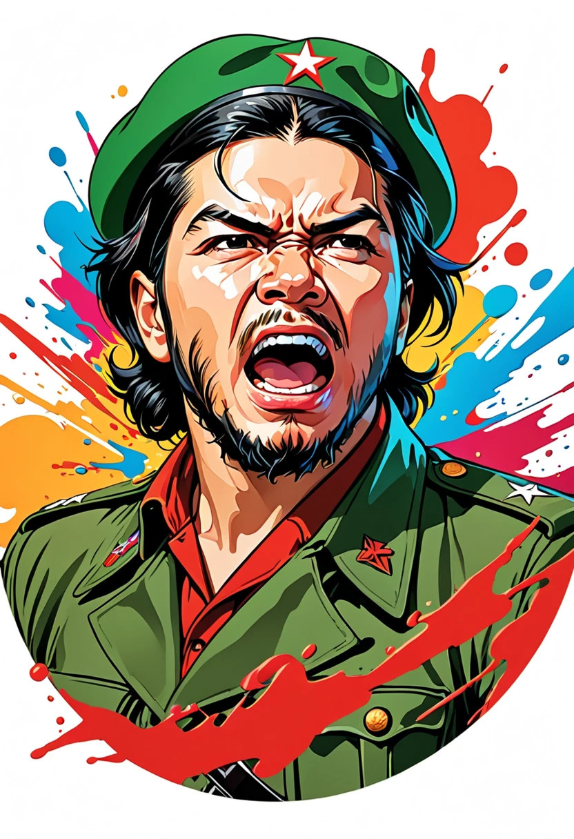 circle shaped sticker, Vector Art, splash art, 40 years old revolutionary Che Guevara, angry shouting fuirous, military outfit wearinf green beret，Color illustrations, In the center, Vibrant colors, High Detail, white background
