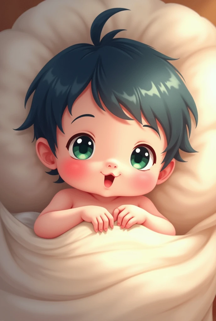 New born anime cute baby boy with black hair and green eyes on bed, top view, light shining on his body