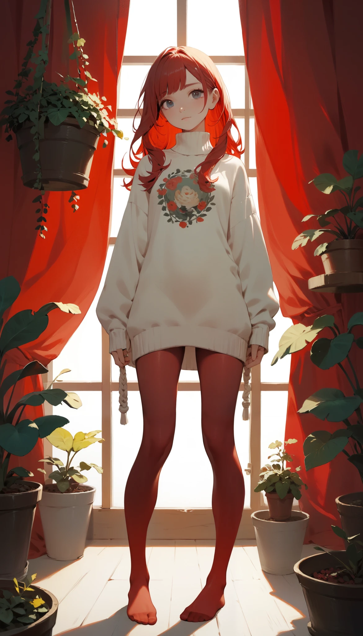 (( top quality, masterpiece)), ( One Girl , Alone),  Perfect Anatomy, (cktights:1.2),   sweater dress,   red pantyhose with carefully drawn hair, whole body,Very delicate hair, Seen from , strand by strand,  No Shoes , Perfect Shadow, Red Room, Houseplants, 