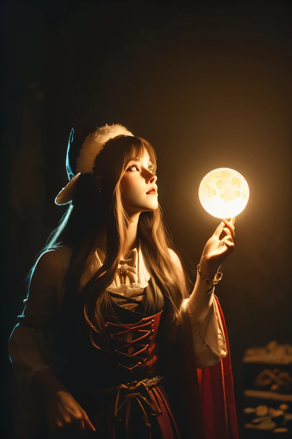 (Ultra-detailed face, Looking away, Fantasy Illustration with Gothic. Dark tone colors.), BREAK 
(Eladrin's female Santa Claus is touching her hair and looking up with sleepy eyes at the dark tower, a stepped structure like the ancient Mesopotamian temple called Ziggurat, where the monster Krampus lives. The dark tower absorbs light like a black hole and appears to be a shadow. In the center of the tower, a symbol like the eye of Freemasonry glows pale blue. From within the shadows, the eyes of many Krampus glow red.), BREAK 
(The young female Santa Claus of Eladrin has honey-colored hair and eyebrows, blunt bangs, waist-length flowing hair, pupil-less blue glowing eyes, small pink lips, light skin tone, and dark, thick eyeliner.), BREAK 
(Eladrin's female Santa Claus wears a red Santa Claus hat with a white bonbon. She wears a traditional medieval European-style mini Santa Claus dress of red lace fabric with white fur. She wears a corset around her waist with a curved dagger inserted into it. She wears red laced sandals with fur embellishments.), BREAK 
(It is a holy Christmas night. The female Santa Claus arrives at the Dark Tower on the Island of Darkness to defeat Krampus, a terrifying monster with goat-like horns and a fur-covered body.)