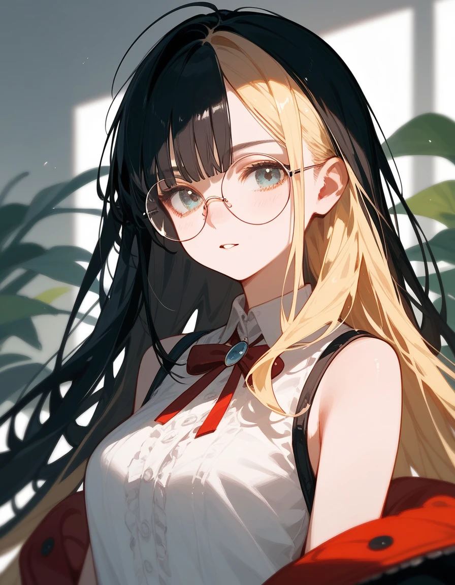 girl, blonde hair ,Bangs,girlบาร์, ,Wear black round glasses,Long hair,Black hair ends