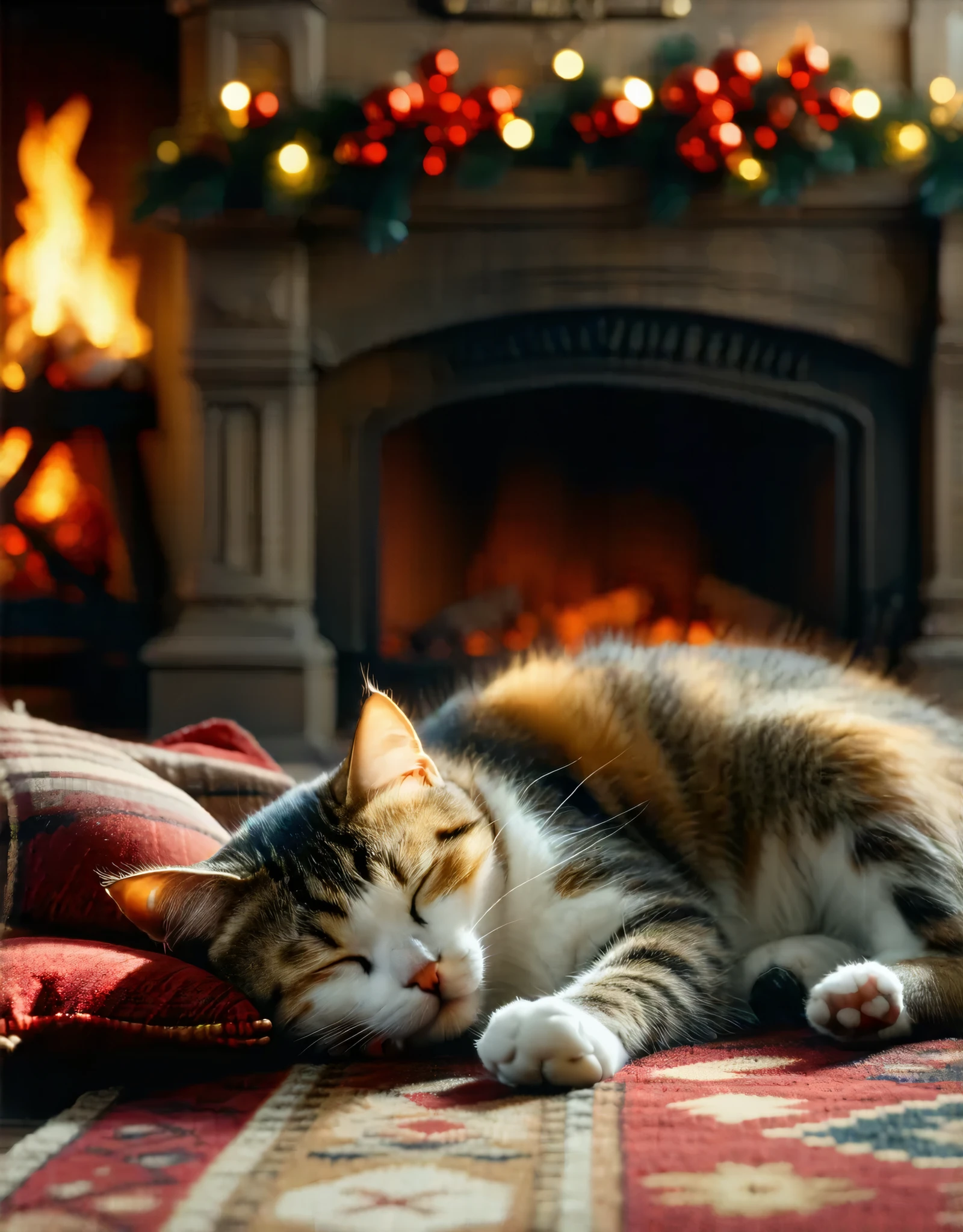 (8k, top quality, Masterpiece , Final Fantasy Style: 1.2),Atmospheric perspective, 8K, Very detailed, A living room decorated for Christmas, our calico cat sleeping peacefully in front of a large fireplace, a warm atmosphere, peace,