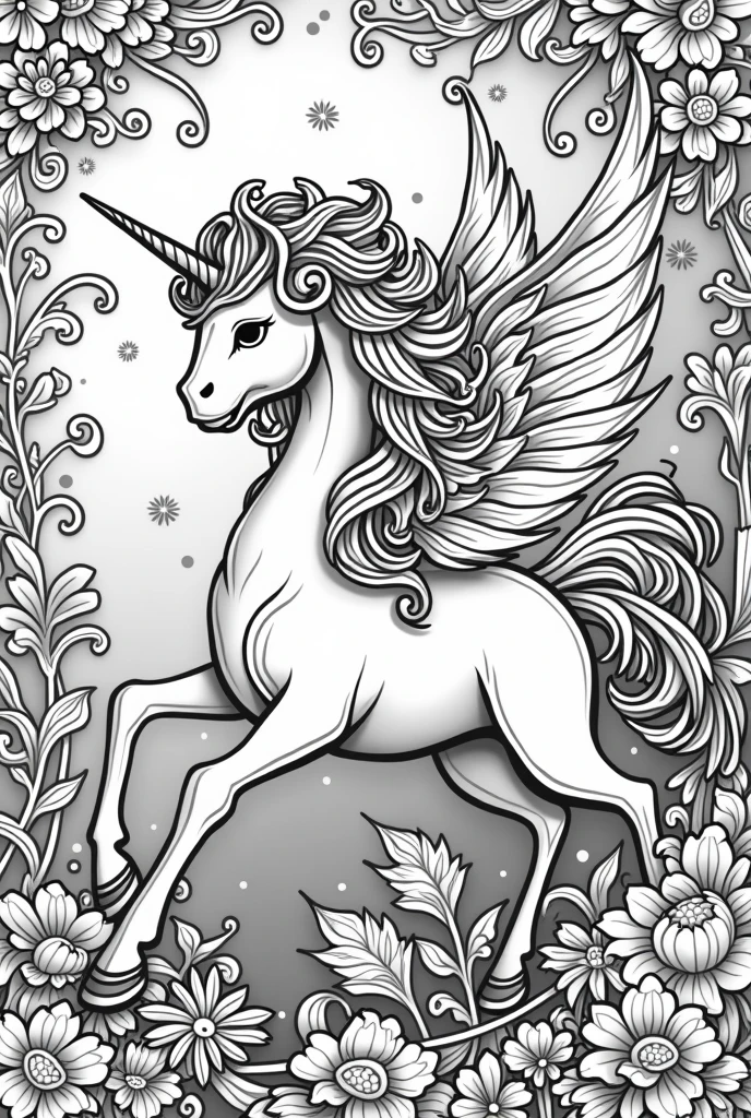 Create full black and white outline art of a unicorn with wings. Clean line and thin lines. Perfect for coloring book. 8K Ultra HD, highly detailed illustration of unicorn.