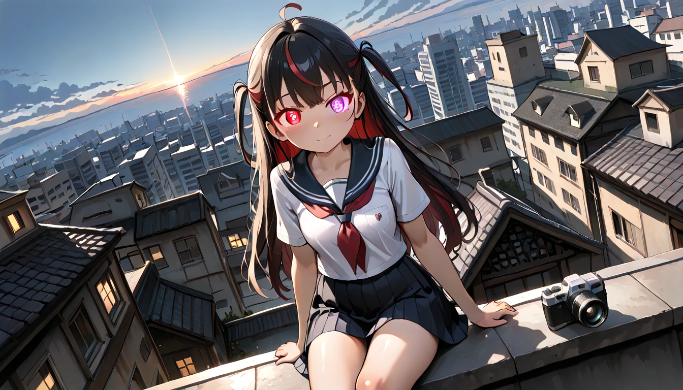 ((top quality)),((masterpiece)),((perfect face)),(ultra-detailed),ultra high res, 8k, 1girl, solo, streaked hair, glowing eyes, sitting, heterochromia, rooftop, camera, dynamic angle, school uniform, panoramic view,  anime style, exquisite, (very aesthetic:1.2), (absurdres:1.2), (detailed background),newest, perfect anatomy,