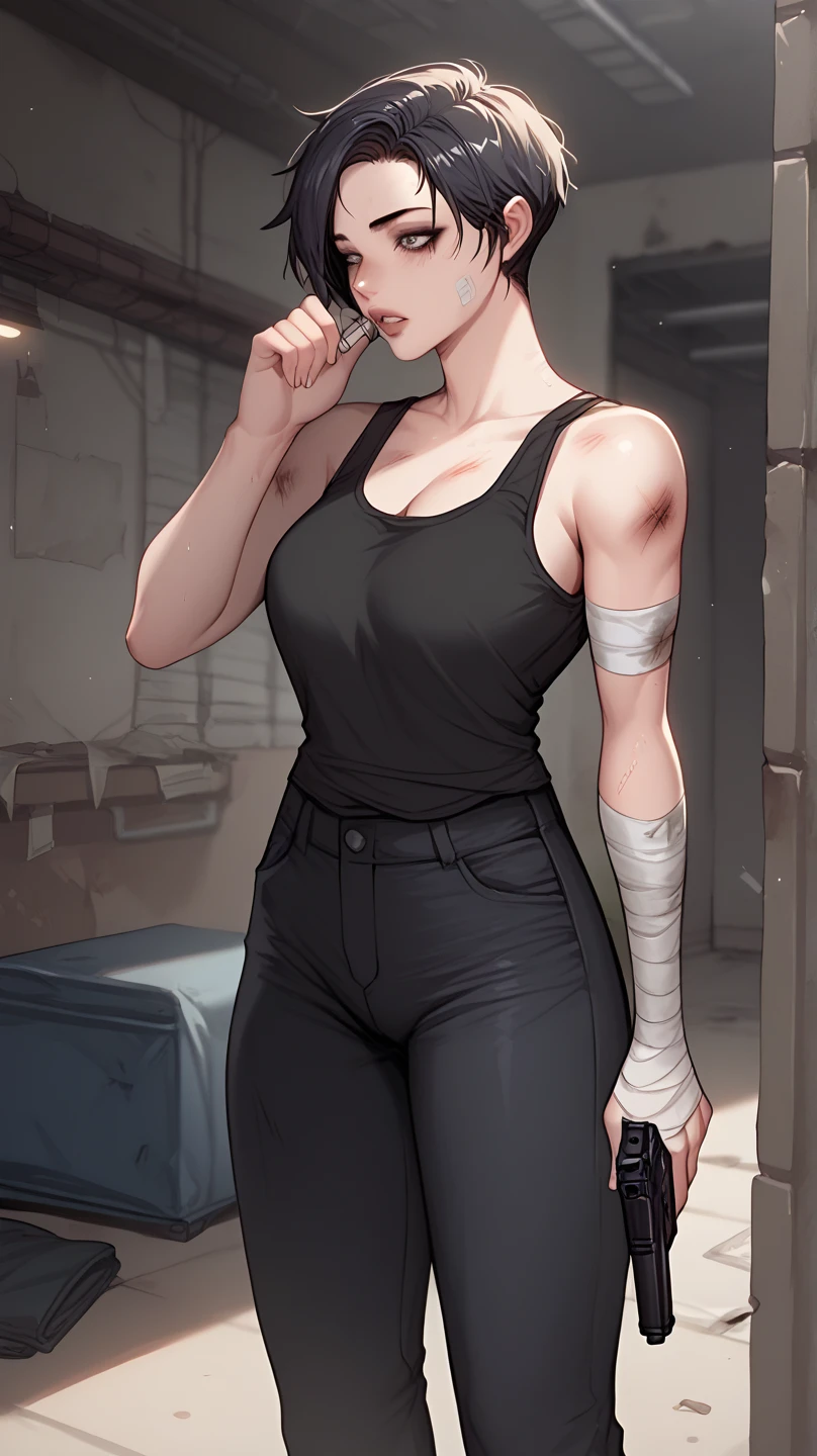 A mean looking female zombie hunter, wearing a black tank top and black cargo pants, black short hair, bandage on arm, bruises, inside the abandoned building, holding her pistol, staying alert
