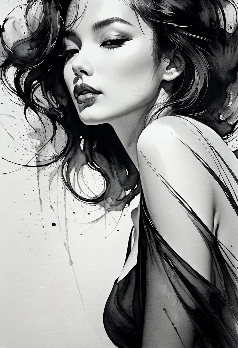 Sexy woman, black and white ink painting, pen sketch, soft brush strokes, delicate line drawing with pen, fluid action, subtle ink tones, elegant pose, peaceful expression, delicate facial features, ink, dust, wet. Black and white, only pink lips, clean