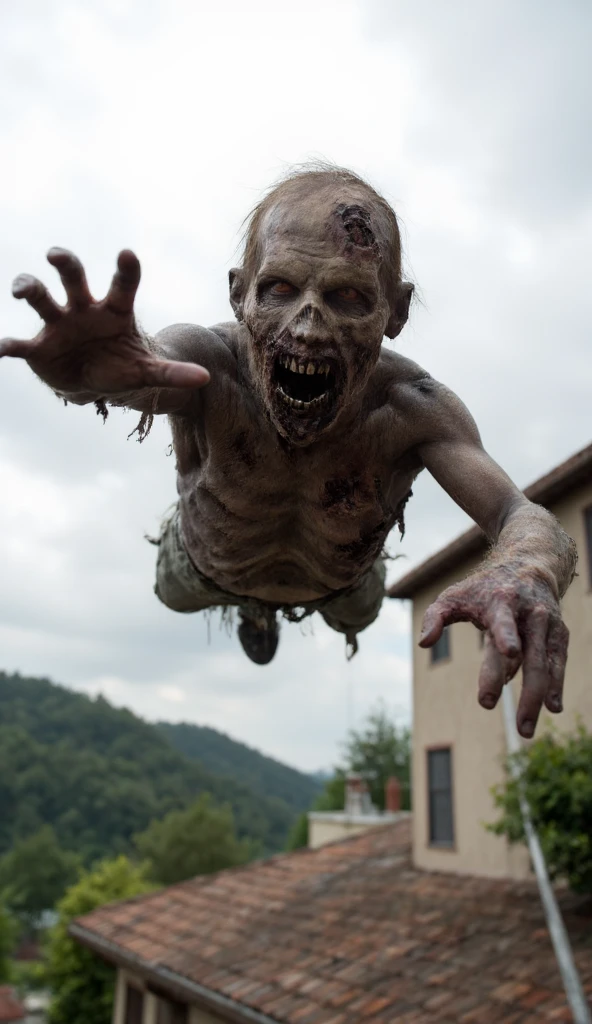  POV shot of a zombie attacking me from the air，The background is a blurred cloudy sky ，There is a villa roof