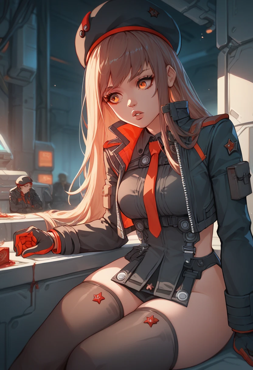 score_9, score_8_consolation, score_7_consolation, sauce_ anime BREAK 1GIRL, Alone, Rafidev ,  orange eyes ,  brunette ,  long hair,  bangs ,  beret , black jacket,  cropped jacket ,  red tie , gloves, , Stockings, opening lips,  watching viewers,  science fiction , Thigh